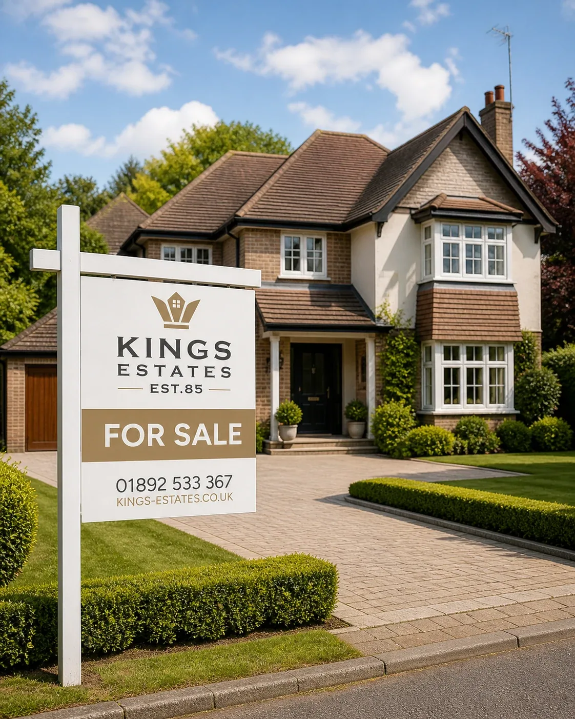 A premium family home for sale in Tunbridge Wells with a Kings Estates board