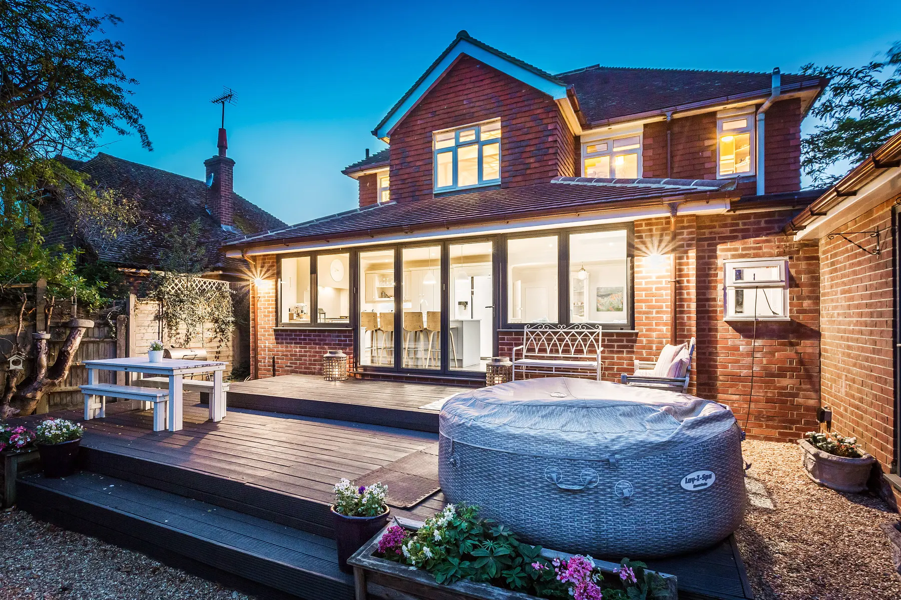 Twilight exterior photography of a period home at dusk