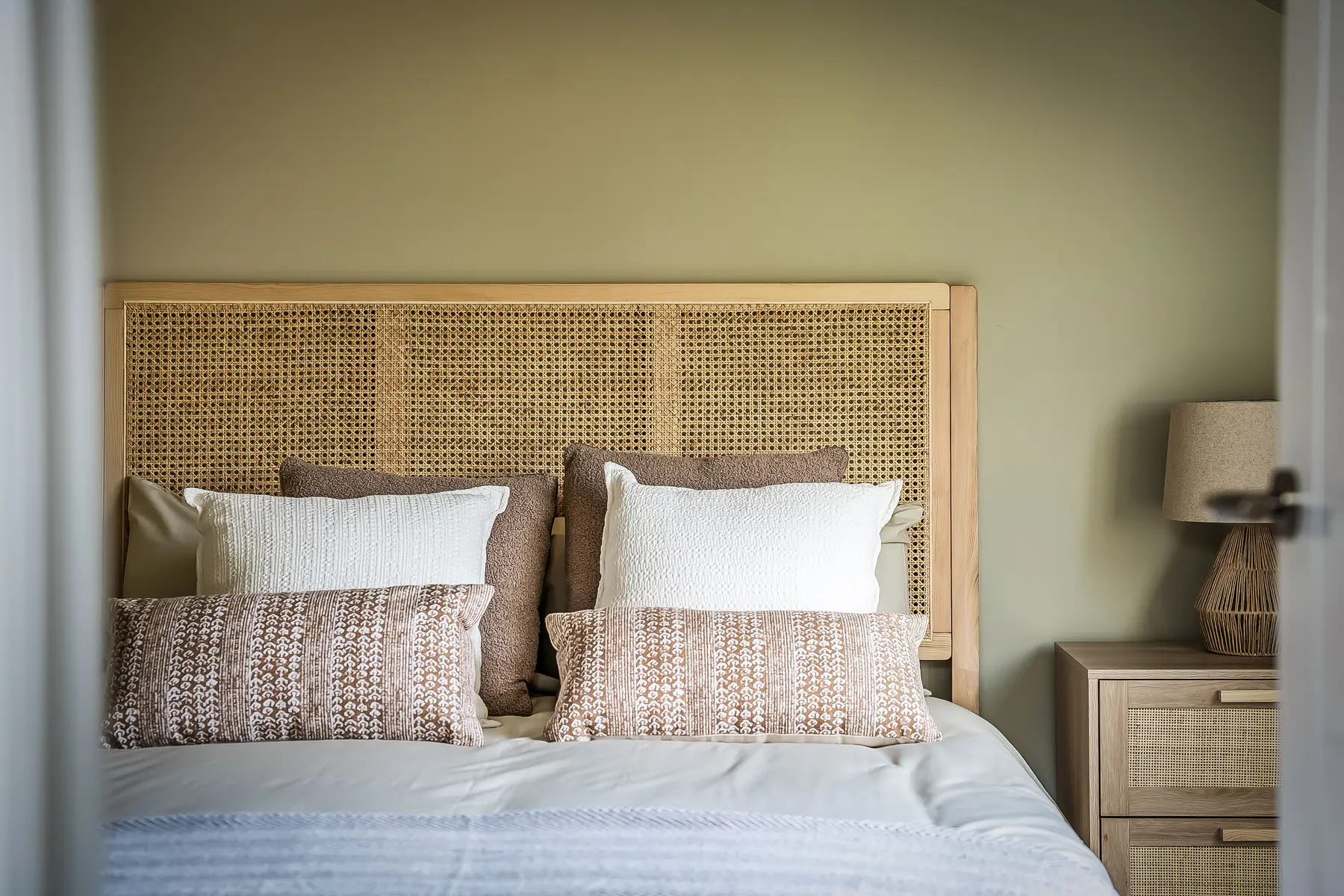 A serenely styled bedroom with a cane headboard and soft natural light in a managed Kings Estates rental