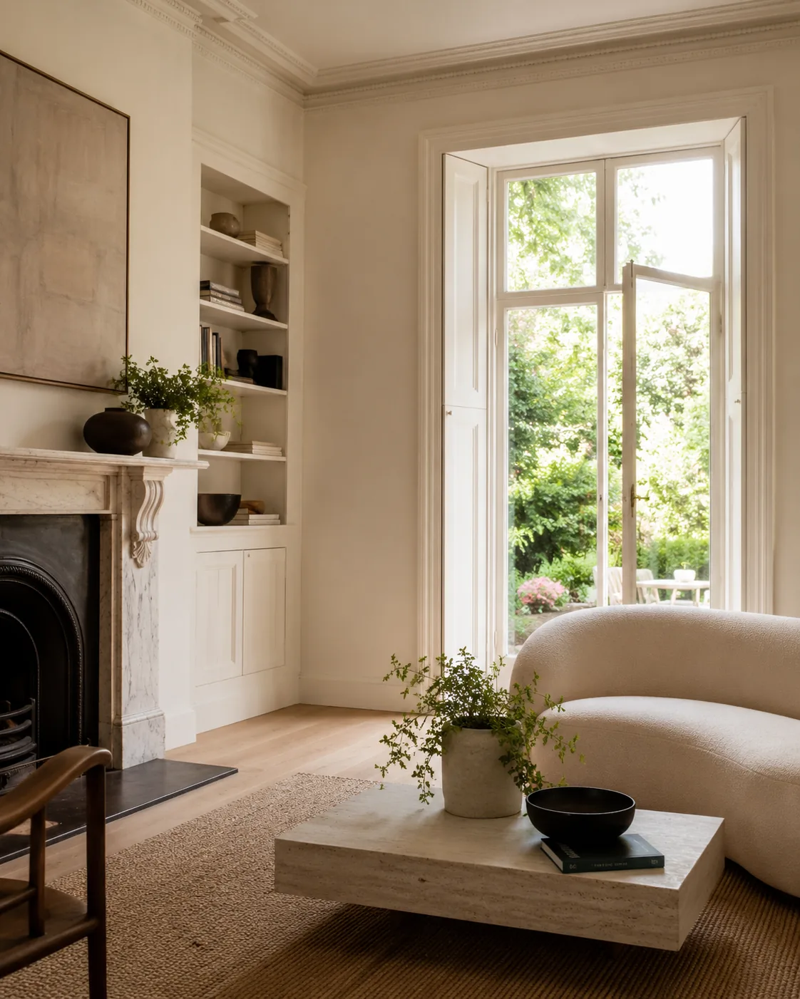 A calm, light-filled period drawing room — marble fireplace, sash window onto a garden
