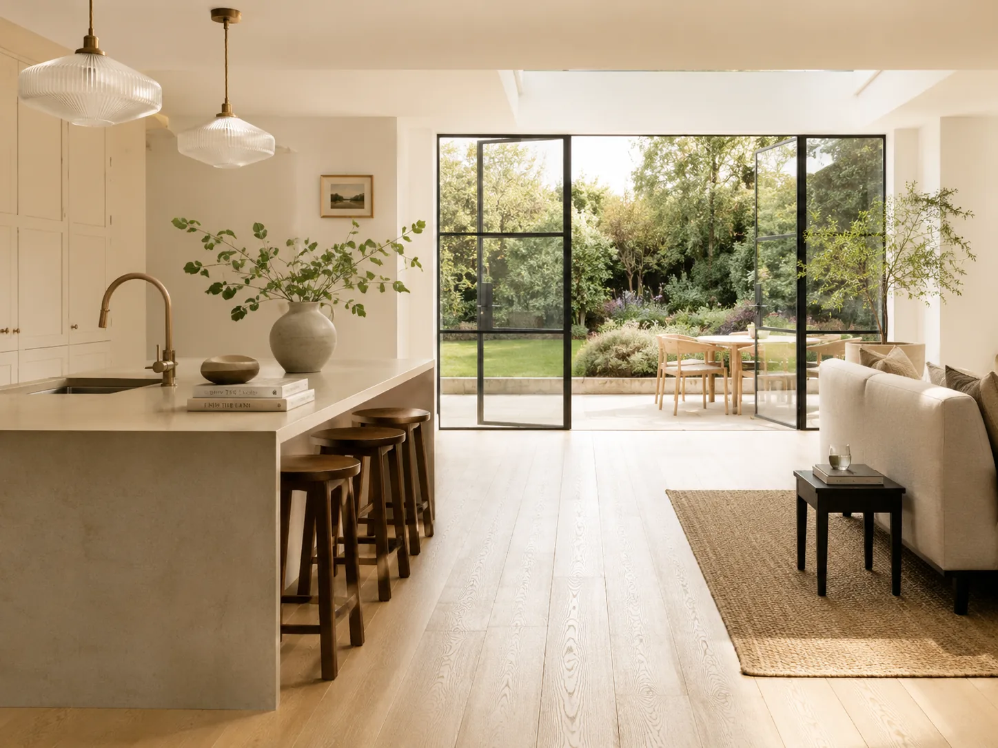 A calm, light-filled open-plan kitchen and living space opening onto a garden
