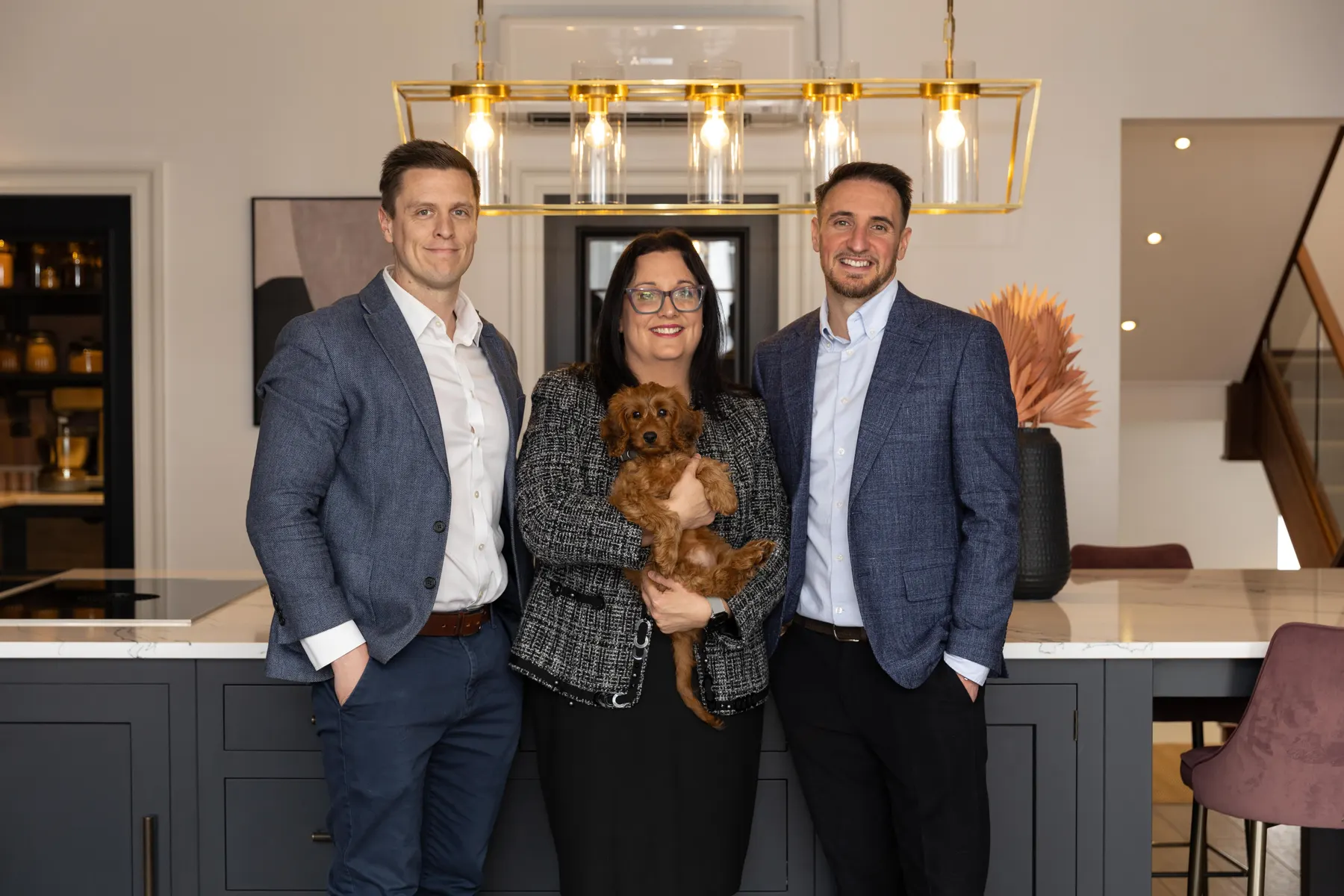 Mike Heath, Gemma Collins and Tom Snowdon — the three directors of Kings Estates — photographed together in a Tunbridge Wells home